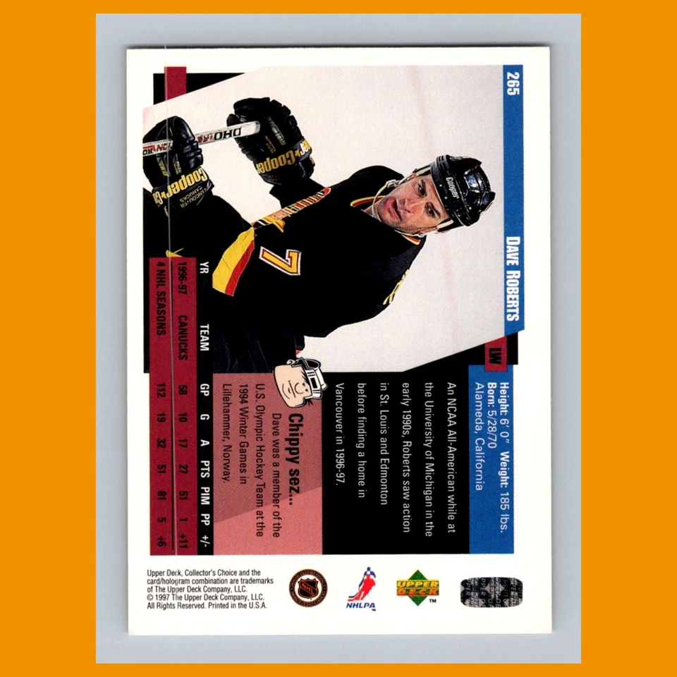 Dave Roberts #265 1997-98 Collectors Choice Vancouver Canucks Hockey Card NHL - Image 2 of 3