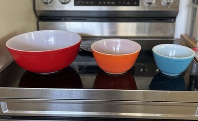 Vintage Pyrex Mixing Bowls Lot Of 3 Vibrant Colors- RED, ORANGE, & TEAL BLUE  