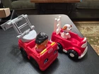 Vintage Lot Of 2 Fisher Price Little People Fire Trucks And 2 Characters...