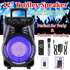 12"Party Bluetooth Speaker Mic Remote Heavy Bass RGB Light USB SD FM AUX Trolley