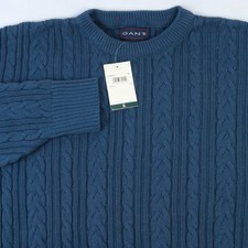NWT OLD STOCK VTG GANT CABLE KNIT 100 COTTON CREW NECK SWEATER BLUE XL