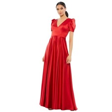 MAC DUGGAL Dress Size 0 Evening Gown Red NEW Puff Sleeve V-Neck Satin 