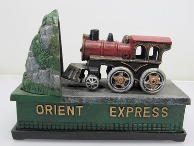 Orient Express Cast Iron Mechanical Bank Locomotive Train Vintage