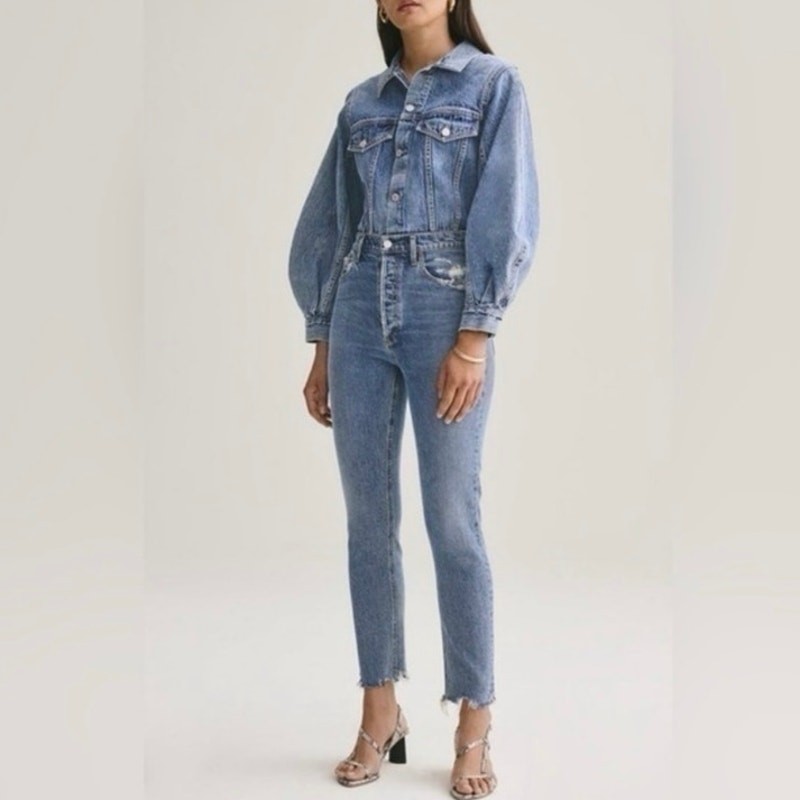 AGOLDE Nico High Rise Denim Raw Hem Slim Jeans in Rooted Wash, Size 29
