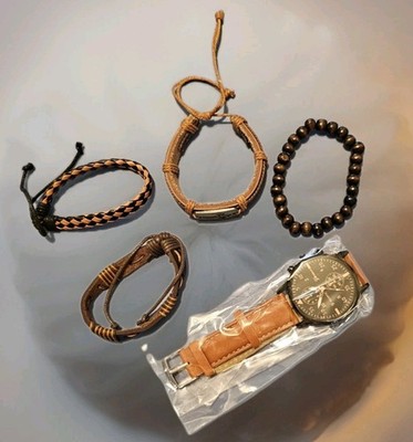5pc men's gift set With a quartz watch And 4 adjustable Leather Bracelets 