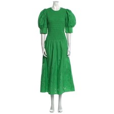 GANNI Green Eyelet Smocked Puff Sleeve Midi Dress Size 42