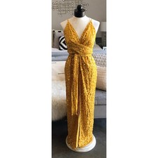 Asos Maxi Dress Size 6 Wrap Waist Scatter Sequin Gold Mustard Front Slit NWT