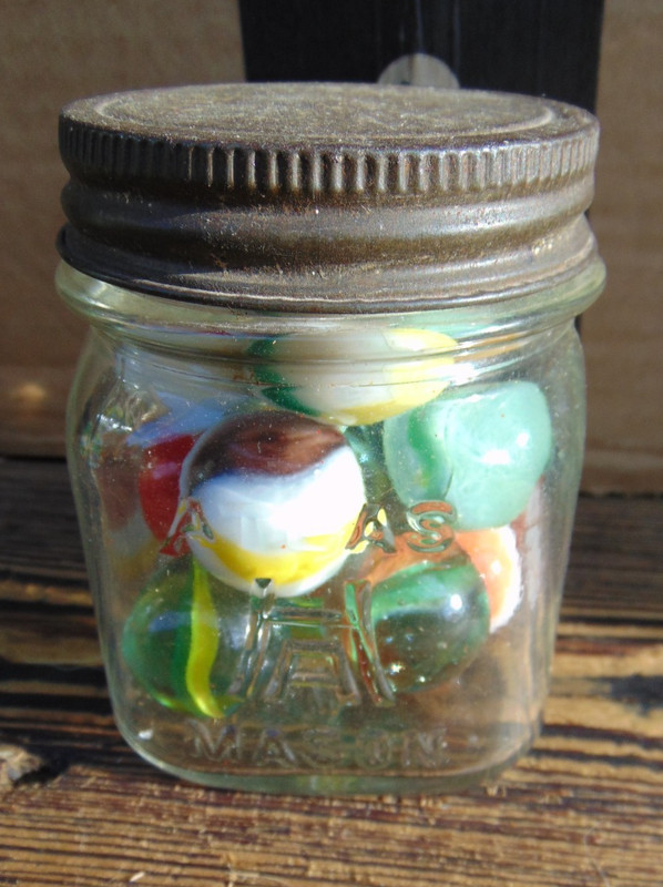 Vintage Atlas half pint jar full of vintage shooter marbles, free U.S. shipping