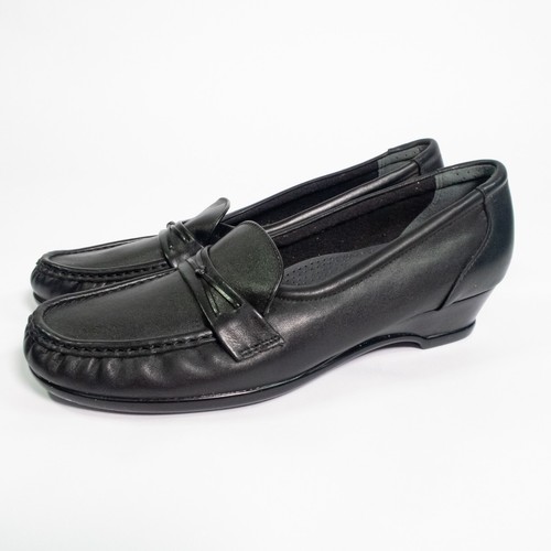 SAS Tripad bequeme schwarze Leder-Mokassinkappe Keilabsatz Halbschuhe Damengröße 10