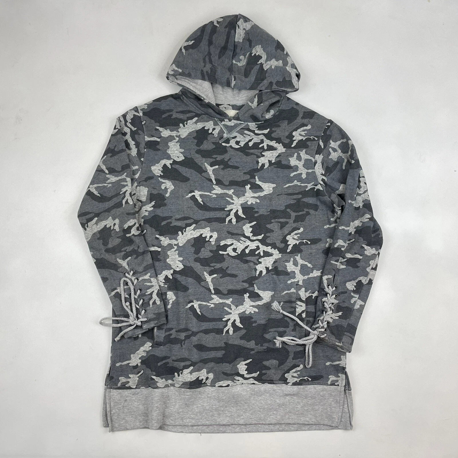 VETEMENTS Felpa con cappuccio mimetica da donna grigio cotone su manica a cravatta taglia L elastica