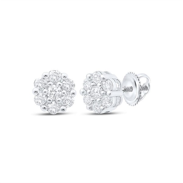 10K WeißGold Echtem Diamant Unisex 7Mm Blumenmuster Set Blume Ohrstecker 1/2 CT-image
