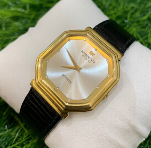 VINTAGE RAYMOND WEIL GENEVE WATCH 5738 18K GOLD EP WHITE QUARTZ MINT 31MM 1990'S - Picture 1 of 24