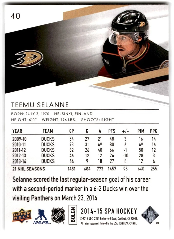 2014-15 SP Authentic Teemu Selanne #40 Anaheim Ducks - Image 2 of 2