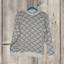 Vtg Acrylic Geometric Sweater Knit Crew Neck 80s 90s S Retro White Tan Preppy