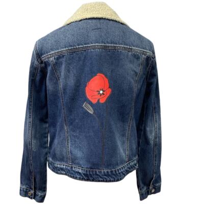 Hand Printed Upcycled XL Red Poppy Flower Sherpa Denim Button Up