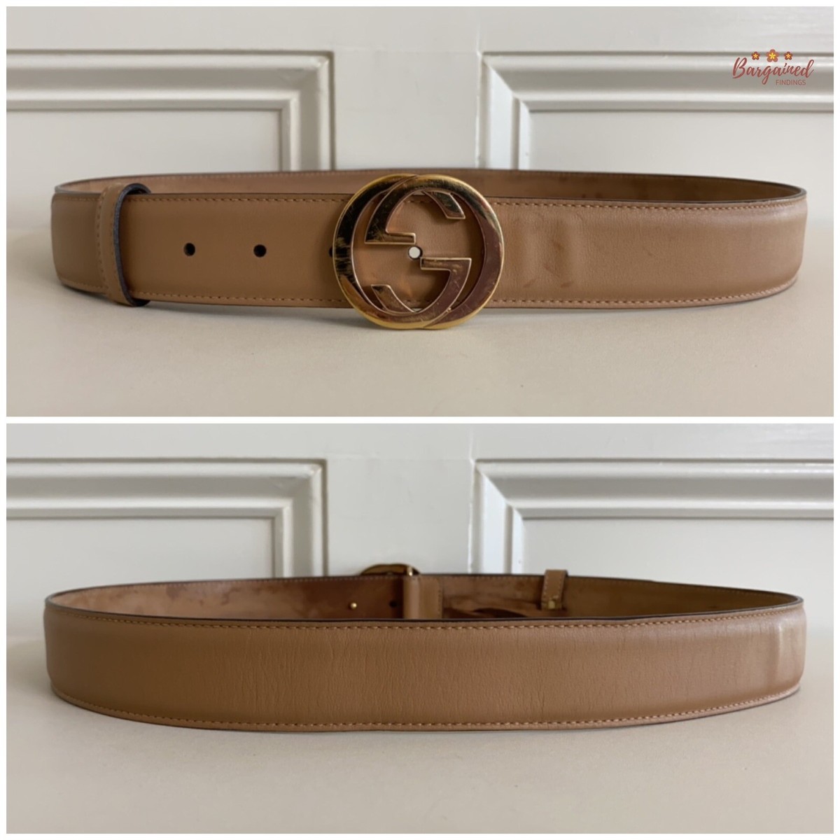 Authentic Gucci Beige Calfskin Leather Gold Interlocking G Buckle Belt 95/38 Gucci Smooth Calfskin Interlocking G Belt 95 38 Grey 1812875  main image 2