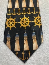 STEVEN HARRIS MENS TIE BLACK WITH ANCHORS SHIP WHEEL LIGHTHOUSES 3.75 X 59 NWOT