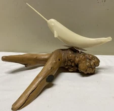 JOHN PERRY Narwal Arctic Ocean Sea life Whale Sculpture On Burlwood Base