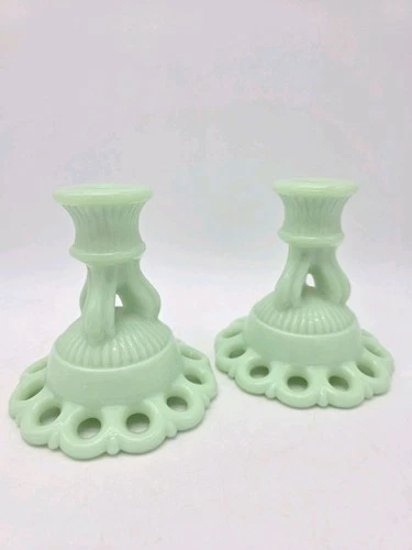 Two (2) Vintage WESTMORELAND Jadite Green Milk Glass “Doric Lace” Candle Holders