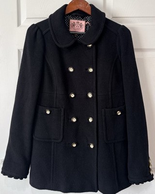 Vintage JUICY COUTURE Wool Angora Double Breasted Black Pea Coat Size Large