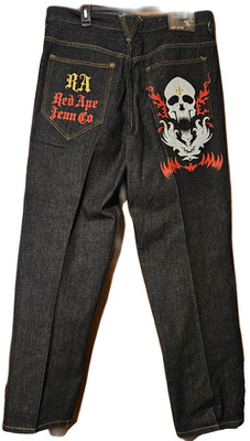 RED APE JEANS Men's Dark Blue Embroidered Skull Flames Size 38 40 X 32 VINTAGE