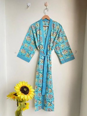 Indian Turquoise Floral Cotton Robe Long Kimono Sleepwear Night Suit Kimono Robe