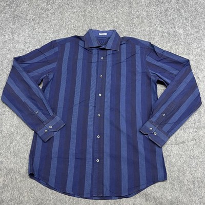 Bugatchi Uomo Shirt Mens Large Blue Striped Shaped Fit Long Sleeve Button Up