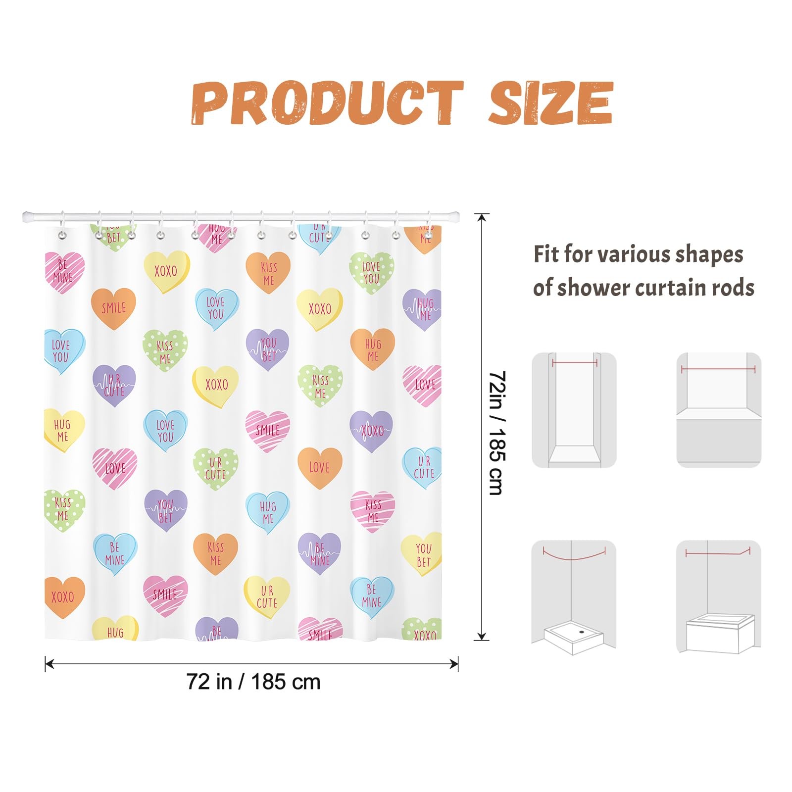 Valentines Shower Curtains For Bathroom Colorful Conversation Heart Candy 72x72 thumbnail 7