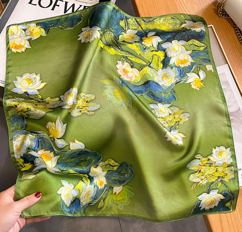 100% Silk Mulberry White Flower Print Bandana Scarf Wrap 21 Inch