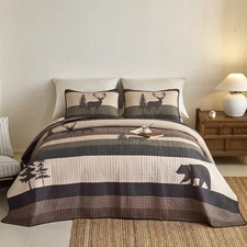 Rustic Lodge 3 Pcs 100% Cotton Bear & Deer Forest Quilt Bedspread Set
