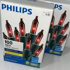 Lot Of 2 Red Mini Lights 100ct Indoor Outdoor Lighted Philips Energy Star/WH3