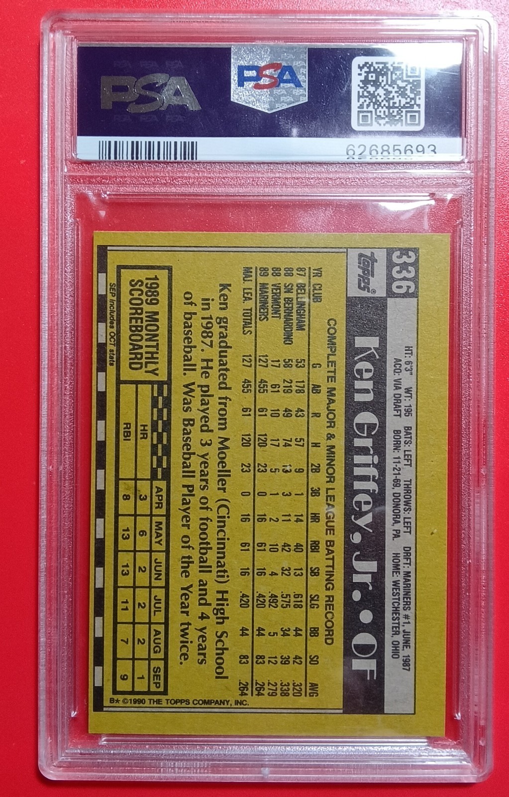 1990 Topps Ken Griffey Jr Rookie #336 Seattle Mariners PSA 9 Mint view 2