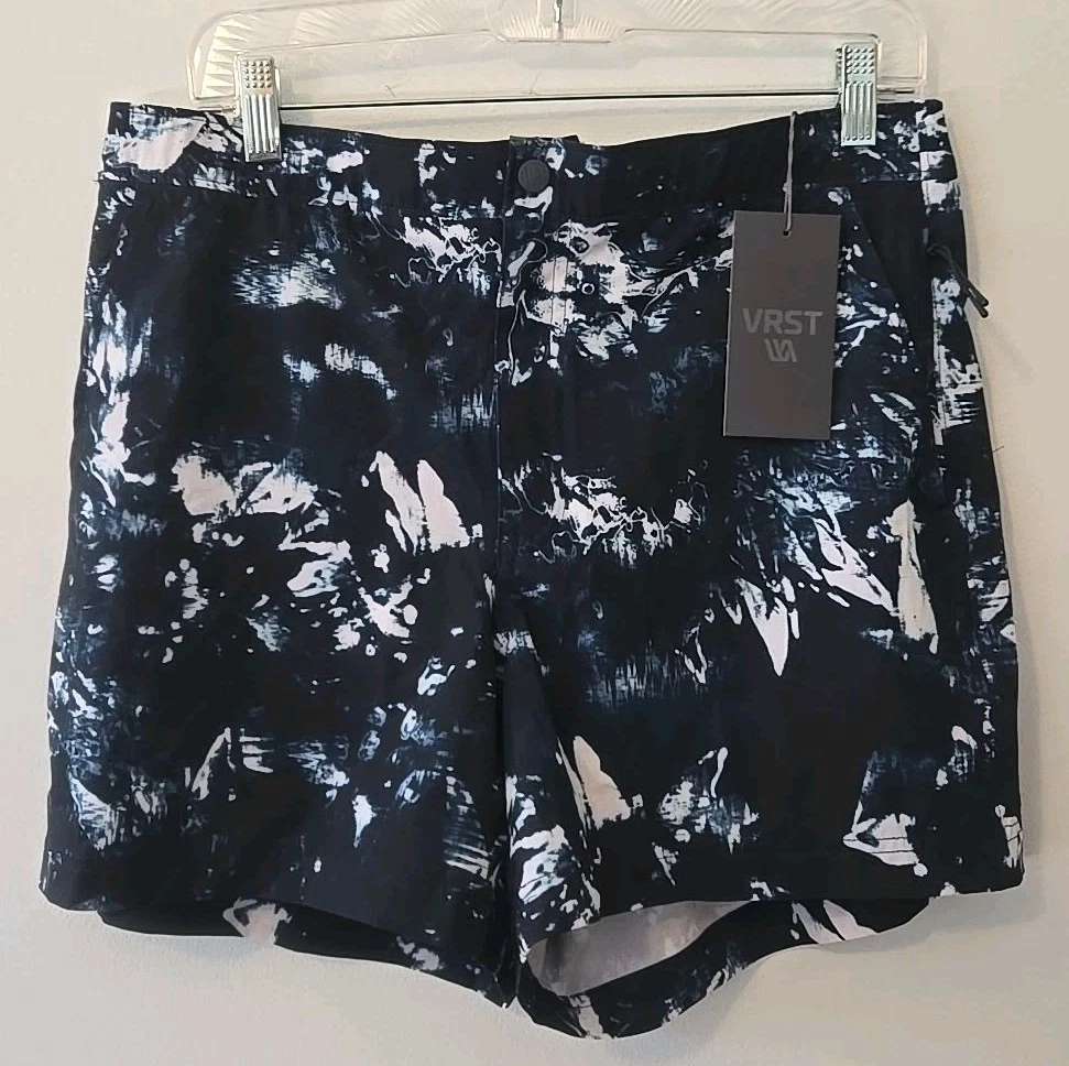 Men’s Resort Swim Shorts Medium 5” Inseam Indigo Craft Print Quick Dry UV Zipper