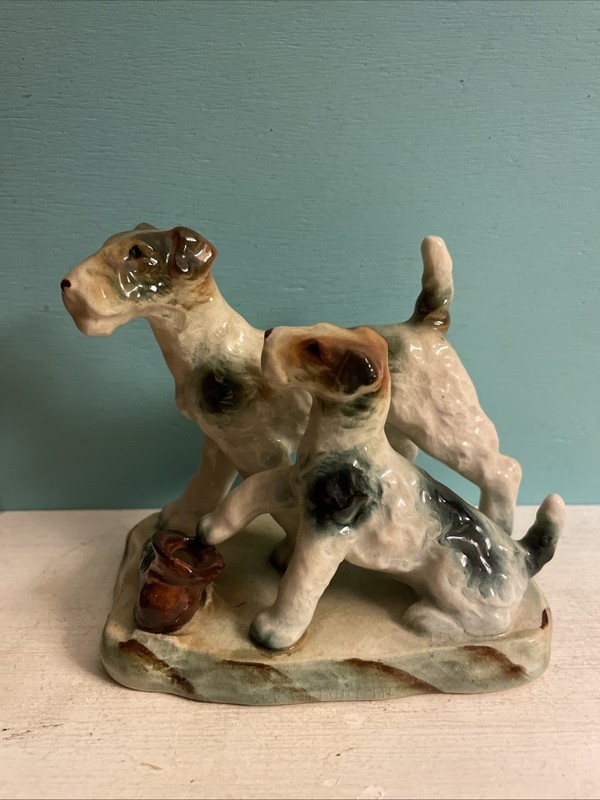 Wire Fox Terriers  Dog Figurine Porcelain 5 In By 5 In Japan Vintage Tri-Color