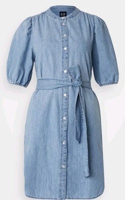 Gap - Women's Blue Denim Puff Sleeve Tie Waist Mini Dress Size Small Gap - Women's Blue Denim Puff Sleeve Tie Waist Mini Dress Size Small