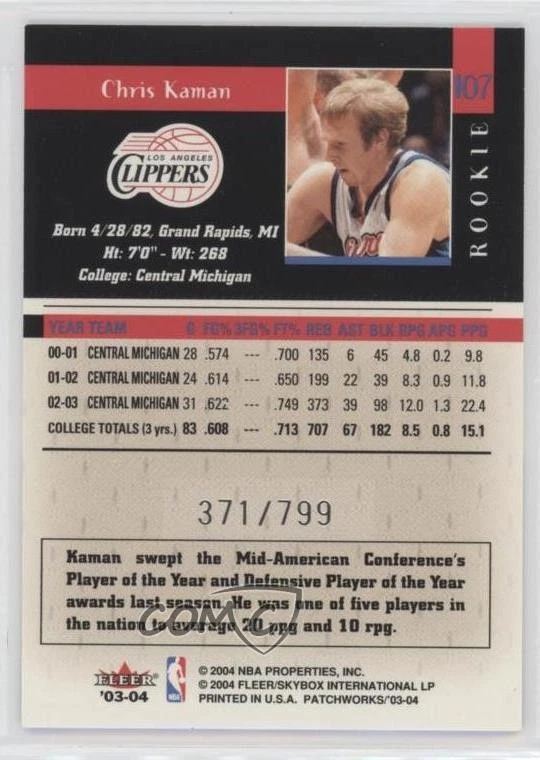 2003-04 Fleer Patchworks Rookie /799 Chris Kaman #107 Rookie RC - Image 2 of 2