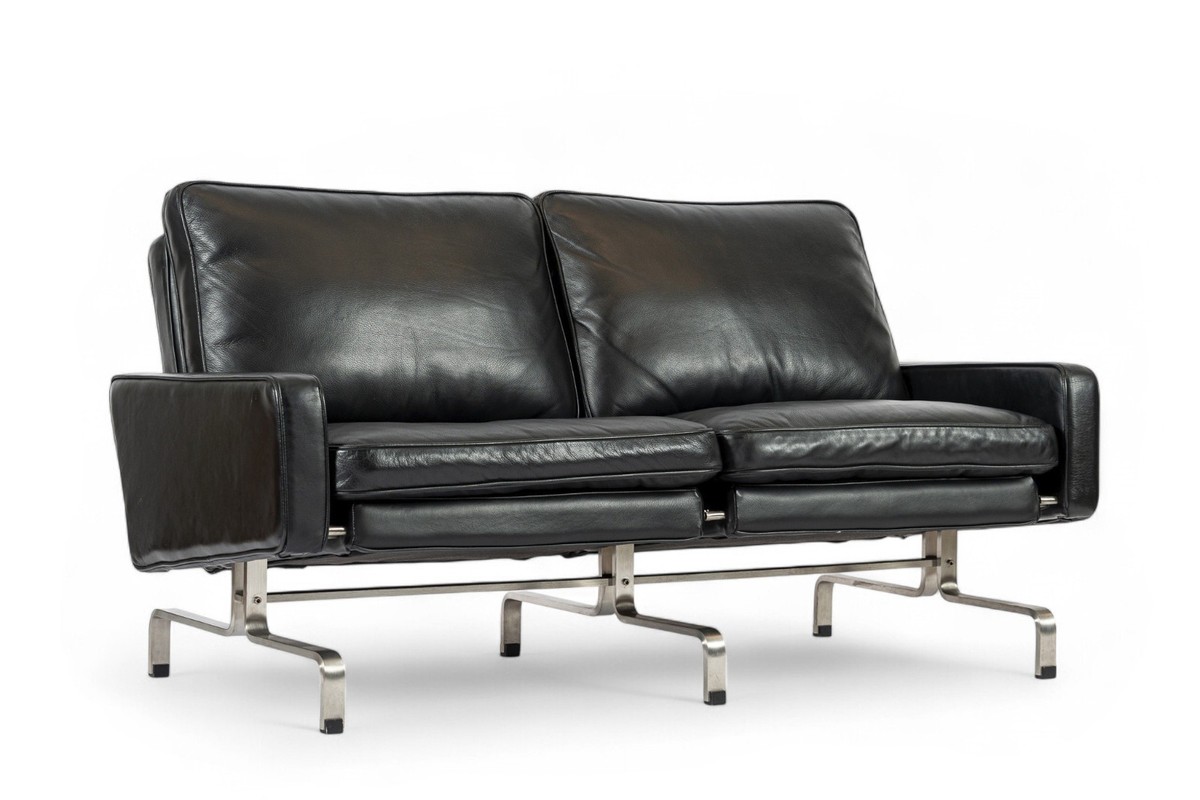 1980s Vintage Postmodern Black Leather & Brushed Steel Loveseat