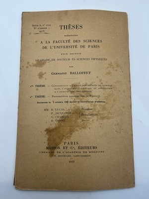 1960 French Physics PhD Thesis Germaine Balloffet University Of Paris Spectrosco