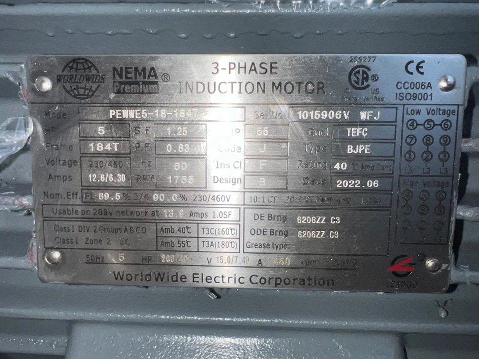 5 HP 3 Phase Electric Motor 1800RPM 184T Frame TEFC 230/460 Volt Severe Duty New - Image 3 of 4
