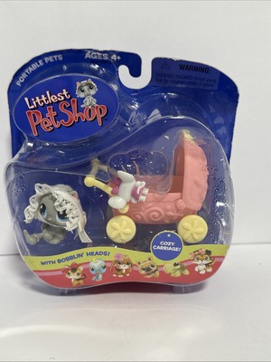 Littlest Pet Shop GREY KITTEN Blue Eye Cat, Mouse & Pink Cozy Carriage 2005/Read