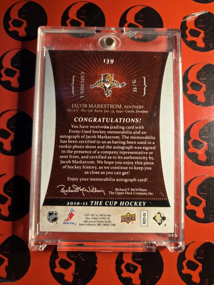 2010-11 Jacob Markstrom The Cup /249 Rookie Patch Auto #139 UD Florida Devils - Image 2 of 2