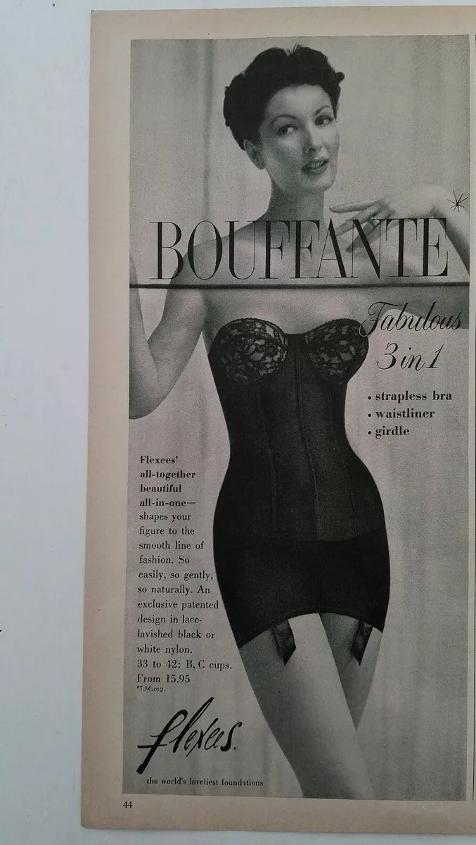 1956 womens Flexees Bouffante black one piece girdle garters lace bra  vintage ad