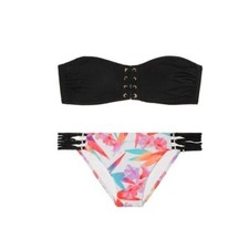 Victoria's Secret PINK Black Lace-up Bandeau White Floral Strappy Bikini Set