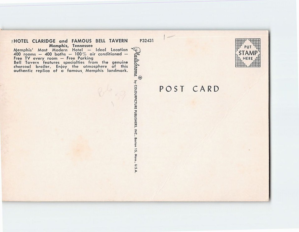 Postcard Hotel Claridge and Famous Bell Tavern Memphis Tennessee USA eBay