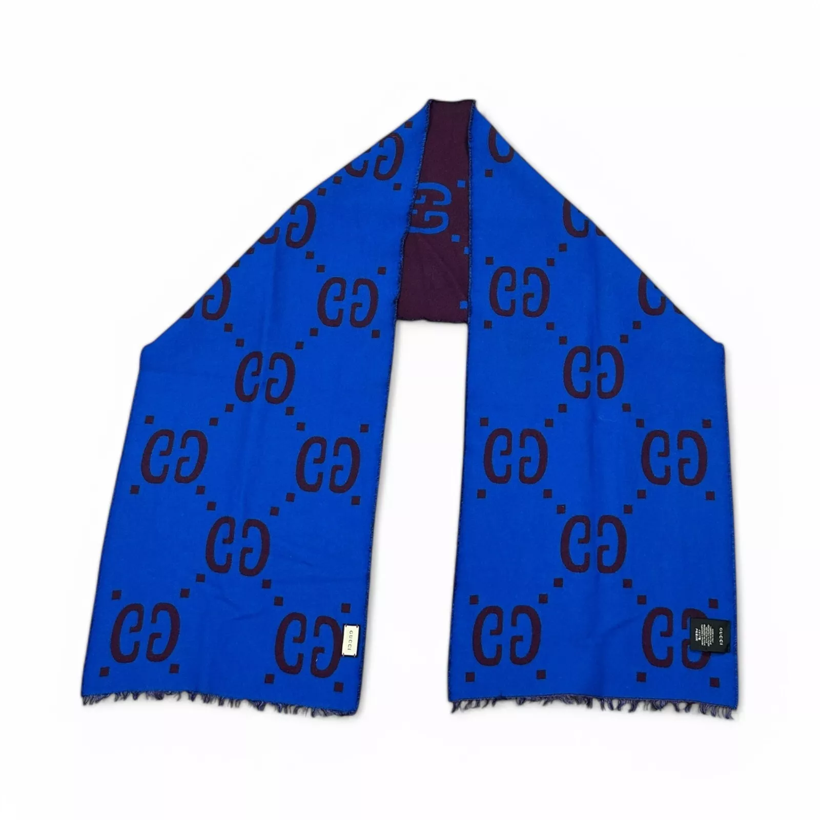 Authentique écharpe Gucci jacquard GG monogramme laine étole violet et bleu