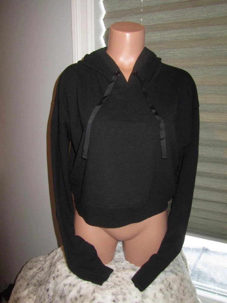 Victoria's Secret Sport Black Chest Logo Crop Pullover Hoodie Sweatshirt Top M