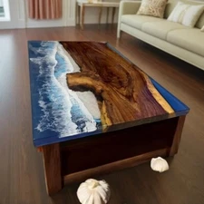 Blue Ocean Wave Epoxy Resin Dining Table Top Natural Acacia Wooden Live Edge Dec