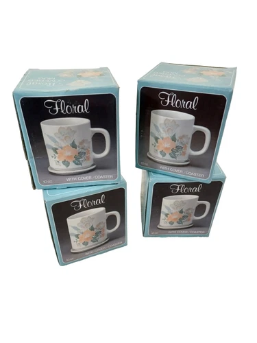 NIB New Set of 4 Floral Stoneware 10oz Mugs Cover Coaster 3.5"x3 Vintage 1970's