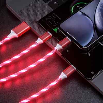 3in1 LED Light Up Fast Charging Charger Cable USB iPhone Android Type C (Red)