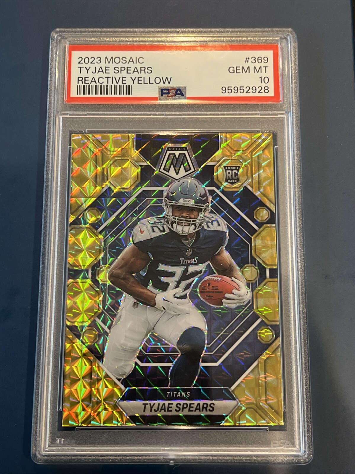 2023 Panini Mosaic Tyjae Spears Reactive Yellow #369 (RC) PSA 10 GEM MINT